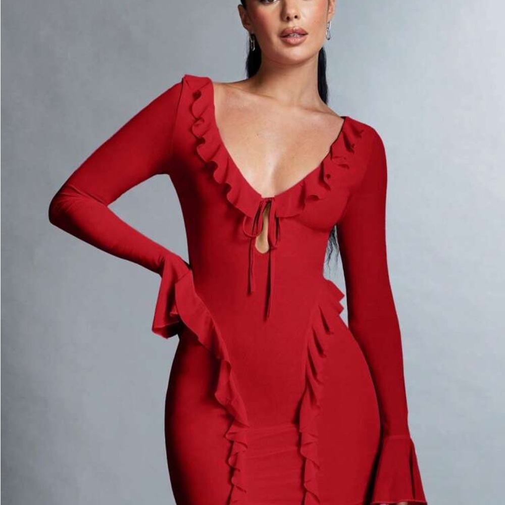 SHEIN Red Long Sleeve Ruffle Dress